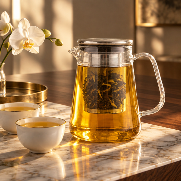 MagBrew Designer Magnetic Glass Teapot with golden tea on marble and walnut beside gold-rimmed porcelain cups and a white orchid
