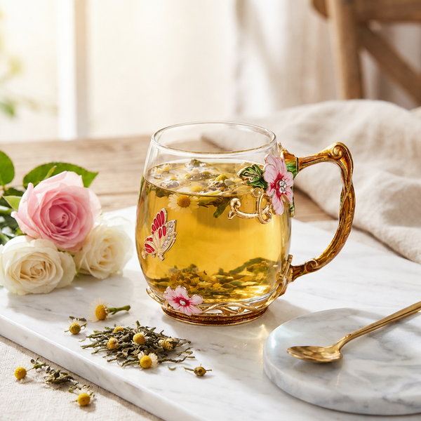 MagBrew Blossom Cup with golden tea, gold enamel butterfly and blossoms, beside roses on a marble board