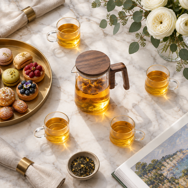 Overhead afternoon tea for four with MagBrew HeatTrap glass cups, a glass teapot, pastries and white roses on marble